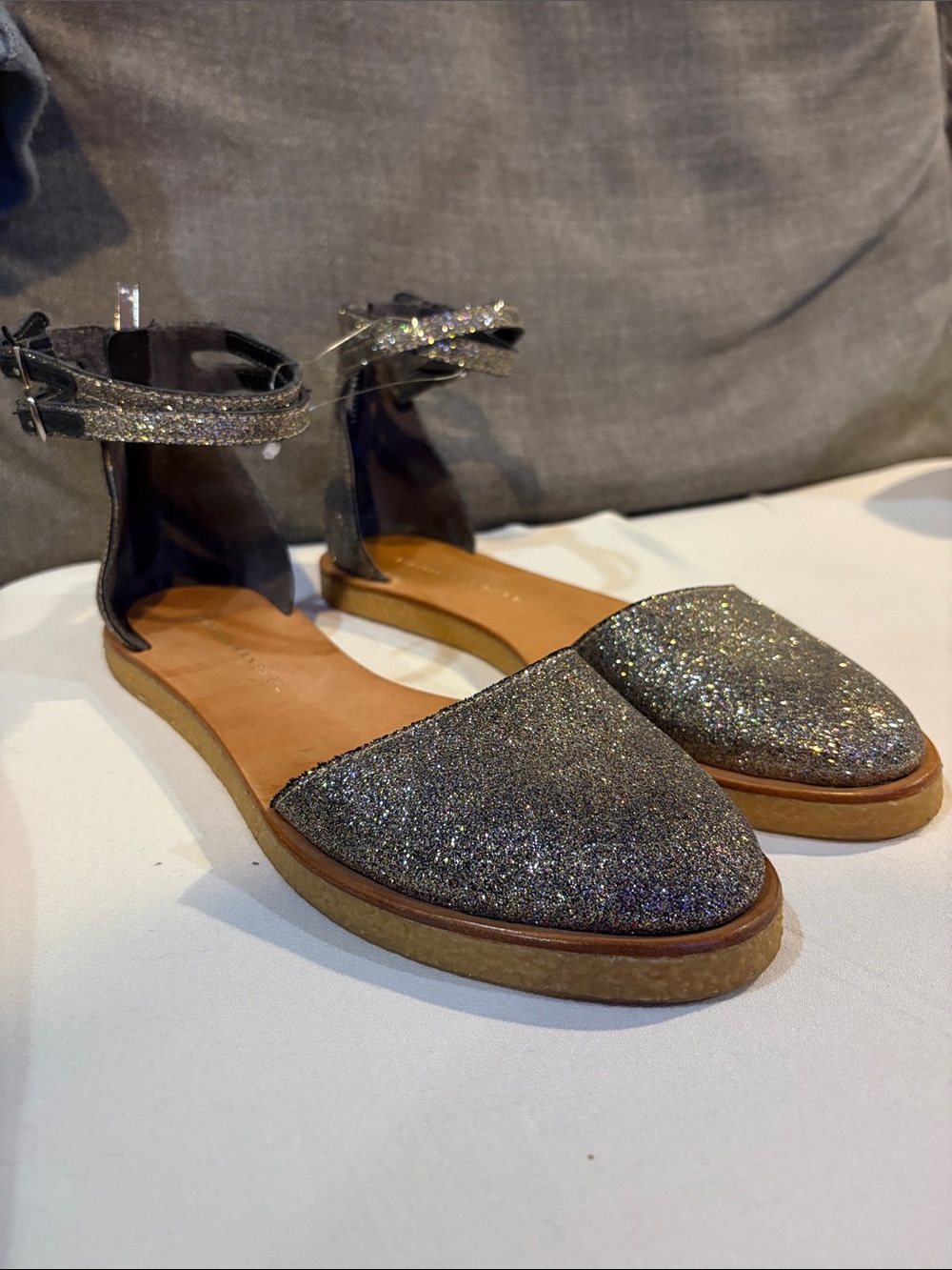 Loeffler Randall Silver Glitter D’Orsay Ankle- double Strap Flats